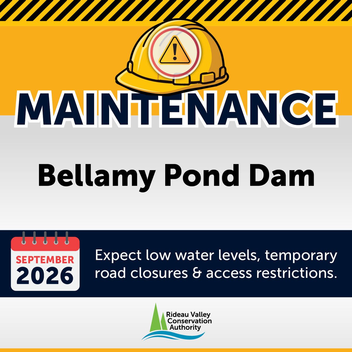 RideauValleyCA's tweet photo. PLEASE NOTE: RVCA will conduct maintenance at the Bellamy Pond Dam on Lake Eloida Road this month. Upstream water levels will be ~15 cm lower than seasonal &amp; temporary traffic/access impacts can be expected. Thank you for your patience! Details: https://t.co/czVYy49uWm https://t.co/khWVO94hlO