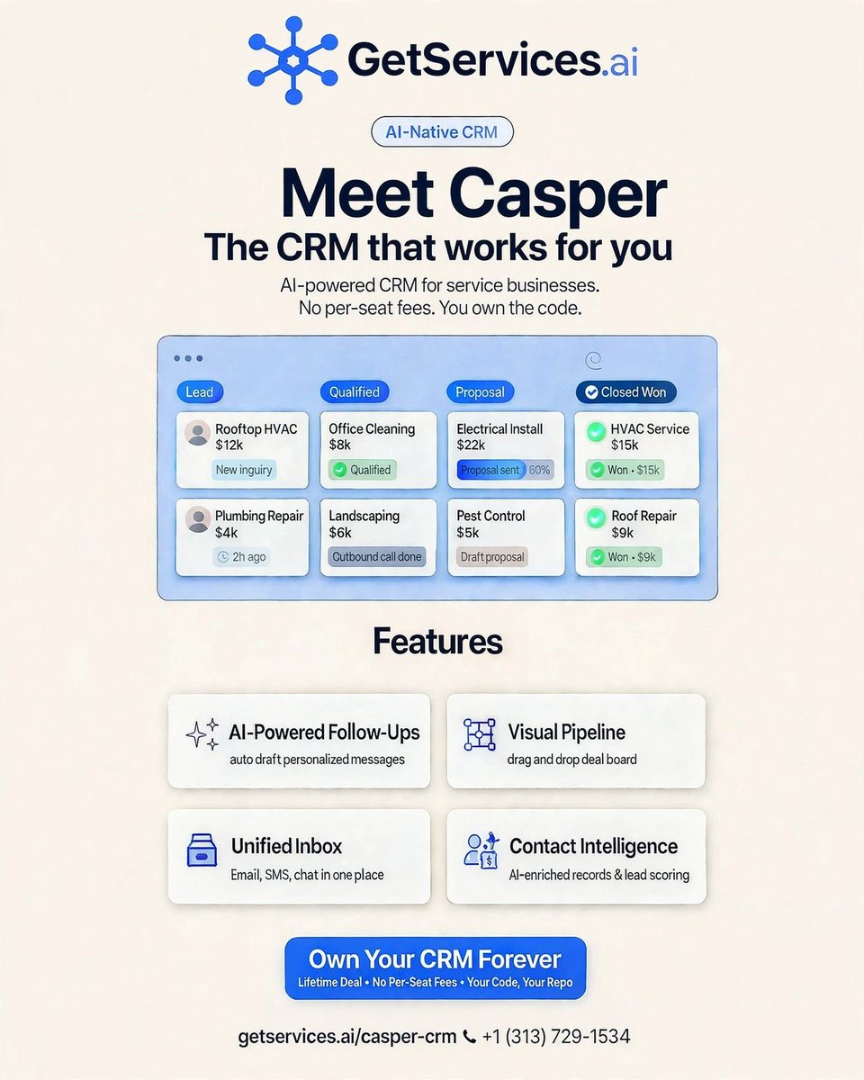 GetServicesai's tweet photo. Meet Casper by https://t.co/yXX4K8QWHa - the AI-native CRM that actually works FOR you.

Auto follow-ups
Visual drag and drop pipeline
Unified inbox
AI lead scoring
No per-seat fees. You own the code. Lifetime deal.

https://t.co/dOZaNkD4Zh

#CRM #AI #ServiceBusiness #SaaS https://t.co/rrMS1FFUV6
