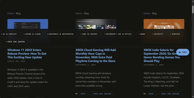 A screen capture of msftnewsnow.com with a tag navigation bar in the middle of the screen with the selected tag off the screen to the left.