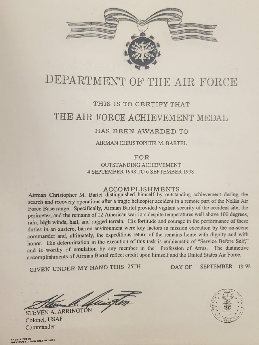 ChrisBartelSWR's tweet photo. #FlashbackFriday September 4, 1998 — 0345 hrs.
https://t.co/I3jtKVK8w2
#NellisAFB
A knock came at my dorm room door.
“Grab your shit.”
Those were the exact words from a Senior Airman now standing in my room, waiting for me to move with urgency. No explanation. No time for questions. Just get dressed, grab my gear, and go.
Two hours later, I was standing in the middle of a chaotic aircraft crash site, surrounded by wreckage and the devastating loss of 12 of my fellow Airmen.
Jolly 38. Jolly 39.
It was a few days after my 21st birthday, I was relatively new to the Air Force, and nothing could have prepared me for what I would see that morning. It became my introduction to #USAF aircraft crash and recovery operations a responsibility that demanded professionalism in circumstances that stay with you long after the site has been cleared.
Sadly, it would not be my last.
Twenty-eight years later, I still remember that morning, the wreckage, the silence between the chaos, and most importantly, the Airmen who never made it home.
Never forgotten.
Jolly 38. Jolly 39.
September 4, 1998.