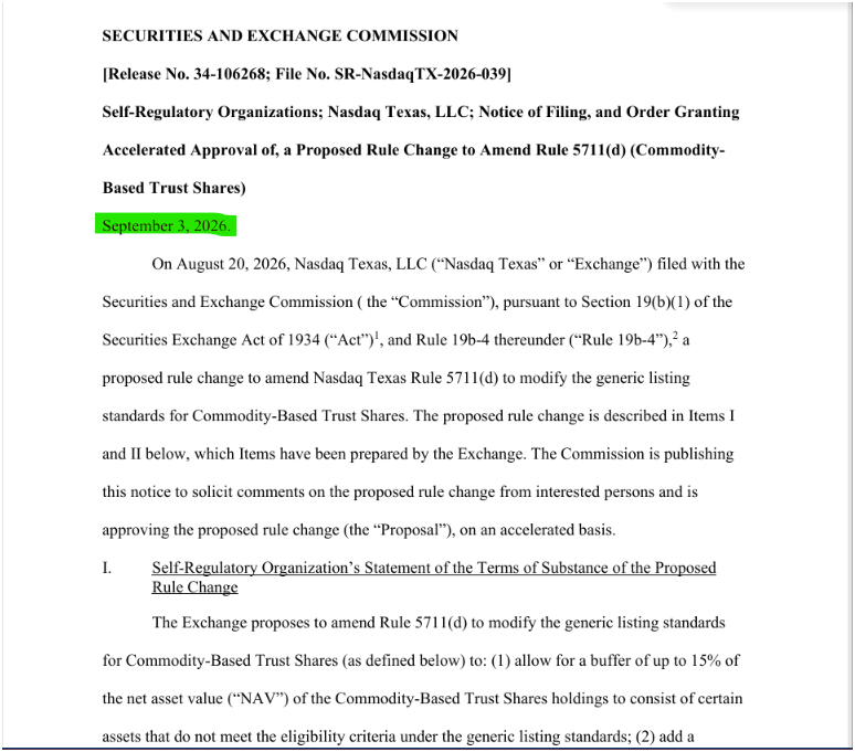 Xaif_Crypto's tweet photo. 🚨 SEC just approved Nasdaq Texas' rule change (Release No. 34-106268), officially naming XRP alongside Bitcoin, Ether & Solana as eligible commodities for Commodity-Based Trust Shares.

The "Big Four" now formally recognized in ETF listing standards.

Regulatory clarity keeps stacking up for XRP. 🔥
