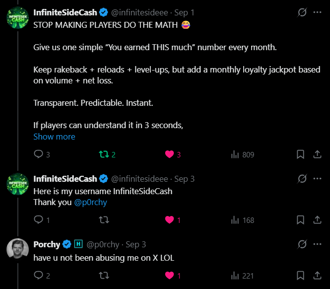 infinitesideee's tweet photo. @p0rchy 😭

You said top 5 replies would get tipped, I was in the top 5, then you asked everyone to comment their usernames.

I commented mine and got:

“Have u not been abusing me on X LOL”

Bro 😭 I was criticizing you, not abusing you. I even deleted those posts because I realized I was wrong and you guys actually updated the system.

Now where’s my $50? 

#housebets #Gambling𝕏