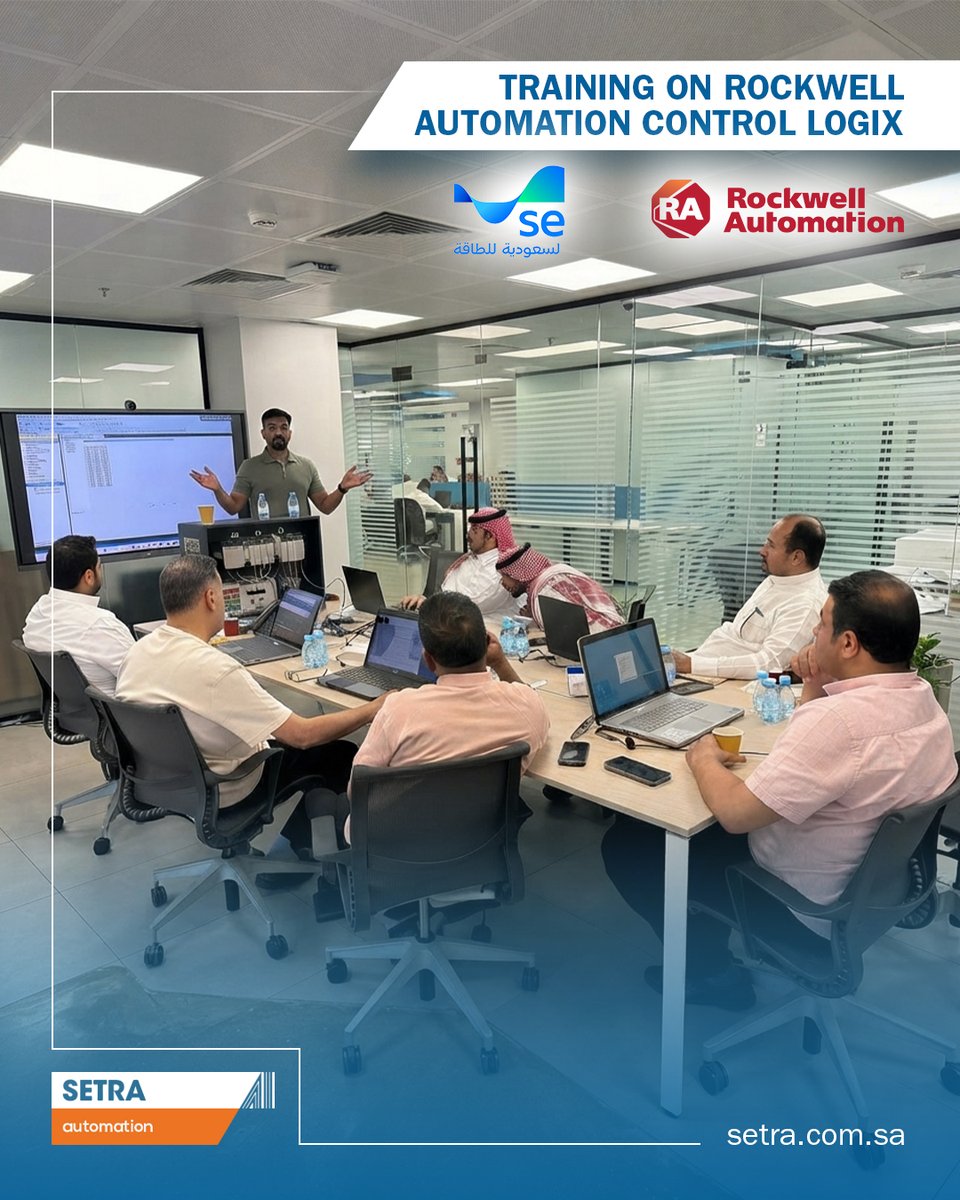 SETRAcompany's tweet photo. SETRA completed a two-week training program on Rockwell Automation ControlLogix for Saudi Energy - SE Ghazlan Power Plant engineers.

The program supported the PLC-5 to ControlLogix L82E migration project through hands-on practice in PLC programming, troubleshooting, HMI development, and system maintenance.

Industrial automation, strengthened through knowledge transfer.

أنهت سيترا برنامجا تدريبيا لمدة أسبوعين حول نظام Rockwell Automation ControlLogix لمهندسي السعودية للطاقة - SE في محطة غزلان للطاقة.

دعم البرنامج مشروع التحديث من PLC-5 إلى ControlLogix L82E من خلال تدريب عملي على برمجة أنظمة التحكم، استكشاف الأعطال، ��طوير شاشات التشغيل، وصيانة الأنظمة.

أتمتة صناعية أقوى من خلال نقل المعرفة.
-------------------------------------
Contact our team for more details
📧 info@setra.com.sa
📞 92 000 7070
📍 Riyadh, Saudi Arabia
🌐 https://t.co/nqQ6y87rTy
-------------------------------------
#SETRA #RockwellAutomation #ControlLogix #PLC #IndustrialAutomation #PowerPlant #Training #SE
#سيترا #روكويل_أوتوميشن #أنظمة_التحكم #الأتمتة_الصناعية #محطات_الطاقة #التدريب #نقل_المعرفة #السعودية_للطاقة