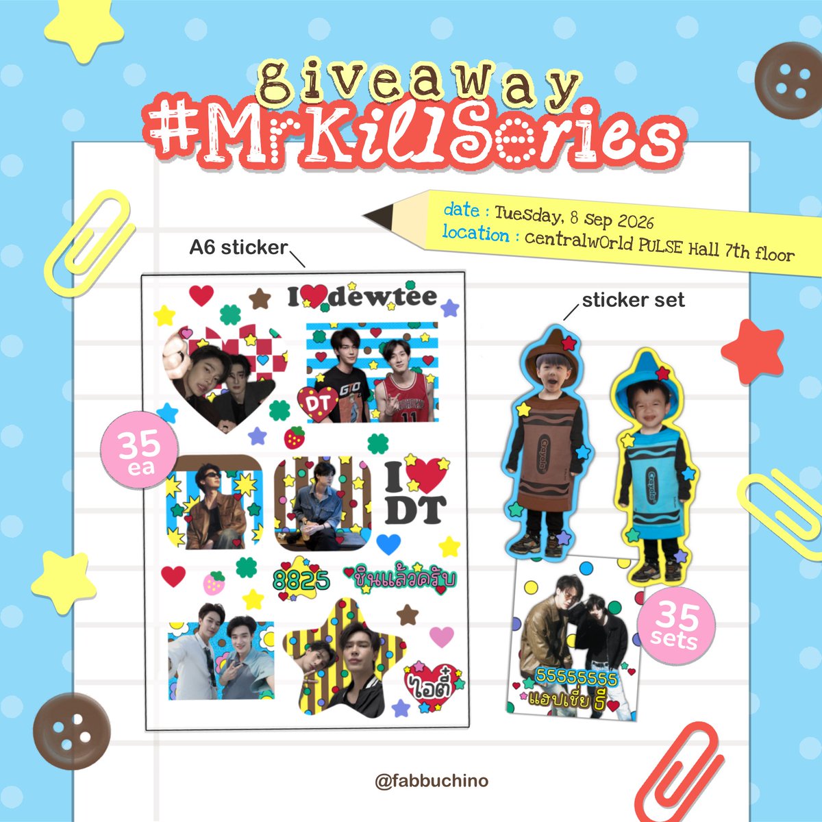 fabbuchino's tweet photo. pls kindly retweet ⭐️ * < 3 3 3
giveaway for #MrKillSeries final ep. — 🐶🐰
( 👨🏻🎨 ) — A6 sticker : 35 ea
( 👮🏻♂️ ) — stickers set : 35 sets
🖇️ 8 september 2026 @ centralwOrld PULSE
:p #dewtee ( #dew_jsu + #tee_vtp ) * 🤎🩵 https://t.co/XbaYAEbKBM