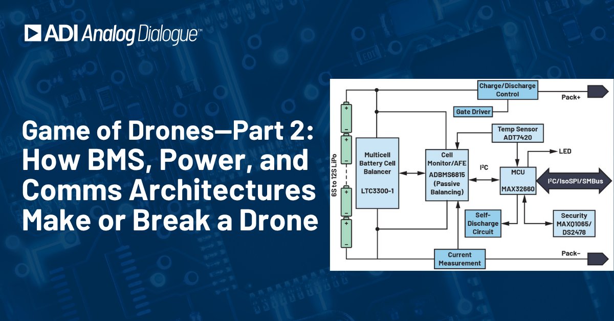 ADI_News's tweet photo. As drones take on more complex missions, connectivity becomes critical. Individual UAVs aren’t scaled-up consumer drones as they can operate beyond visual line of sight through battery management systems and advanced communication architectures. See how: https://t.co/aBTi62UuiH https://t.co/sqLb5Vq3ov