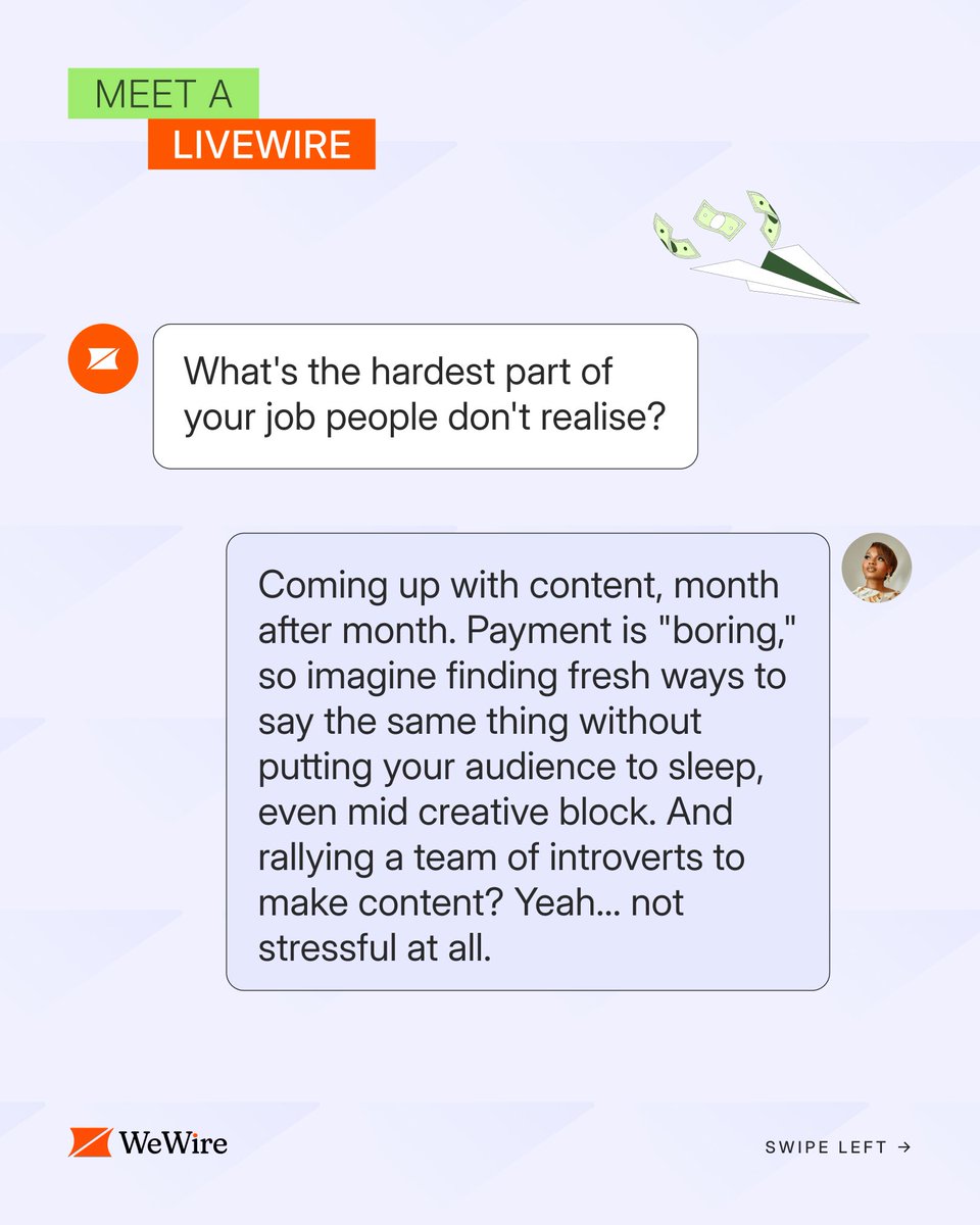 usewewire's tweet photo. Today, we’re spotlighting Winifred Ikpekhai, our Social Media Manager at WeWire. 

She’s the social butterfly turning “boring” payment topics into content worth watching, while keeping the ideas fresh and the community engaged.

Swipe to meet the LiveWire behind the content. →

#livewire #gettoknowtheteam #wewire