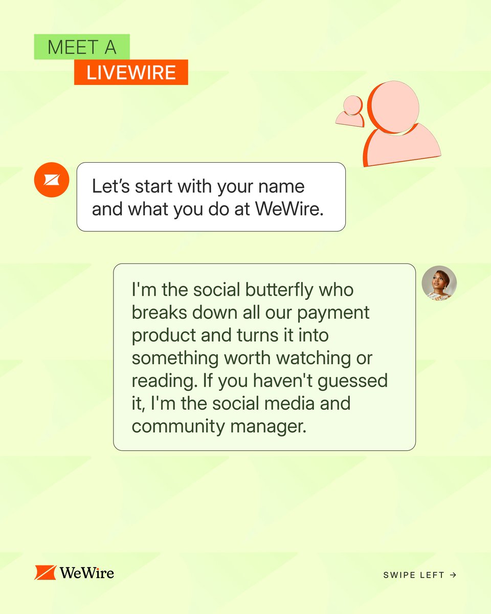 usewewire's tweet photo. Today, we’re spotlighting Winifred Ikpekhai, our Social Media Manager at WeWire. 

She’s the social butterfly turning “boring” payment topics into content worth watching, while keeping the ideas fresh and the community engaged.

Swipe to meet the LiveWire behind the content. →

#livewire #gettoknowtheteam #wewire