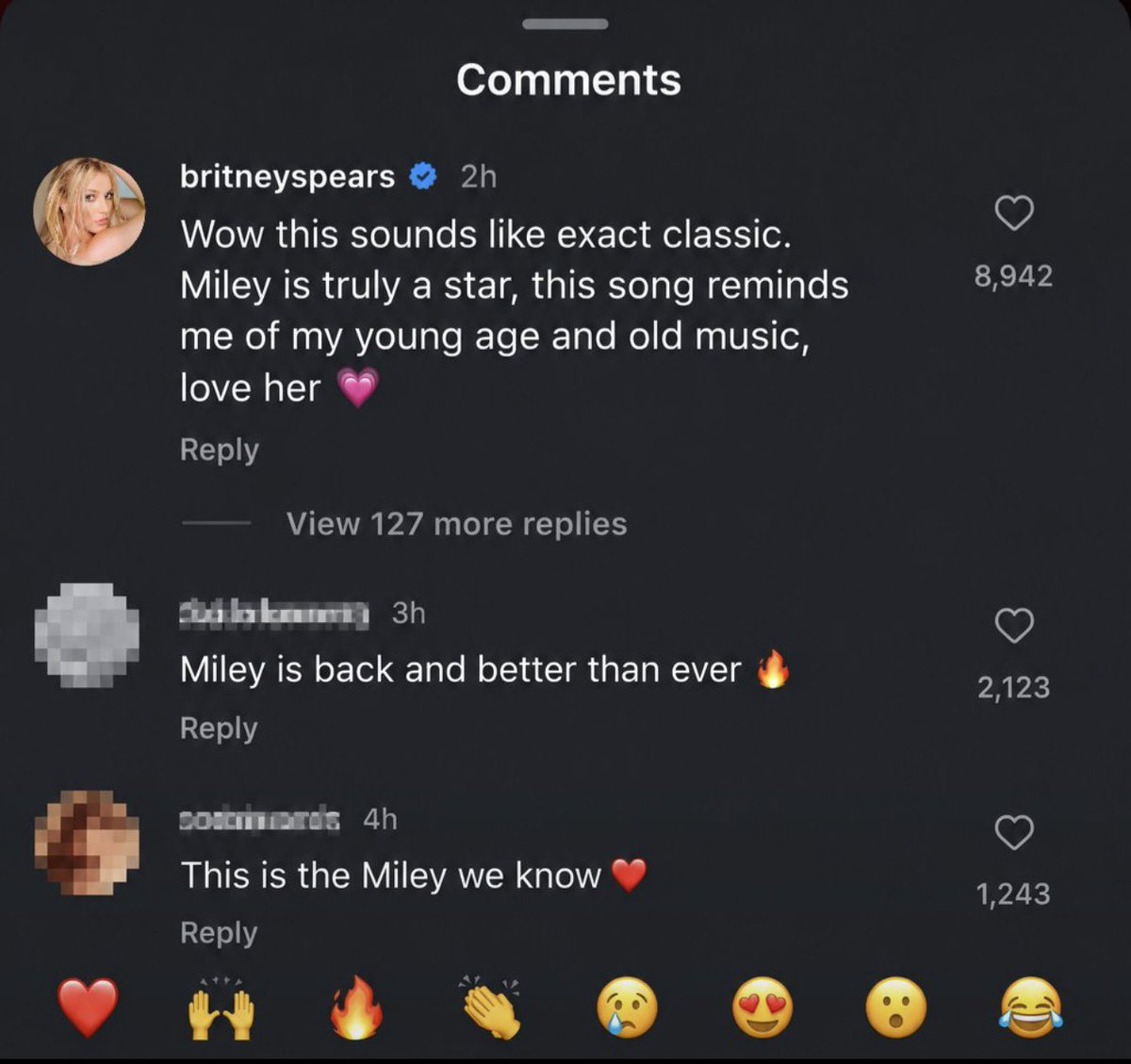MileyLegacy_'s tweet photo. omggg Britney Spears commented on a fan’s post about Miley’s new song “Bass Persuades” 🎸 🥹 https://t.co/S2Fu7HGXhX
