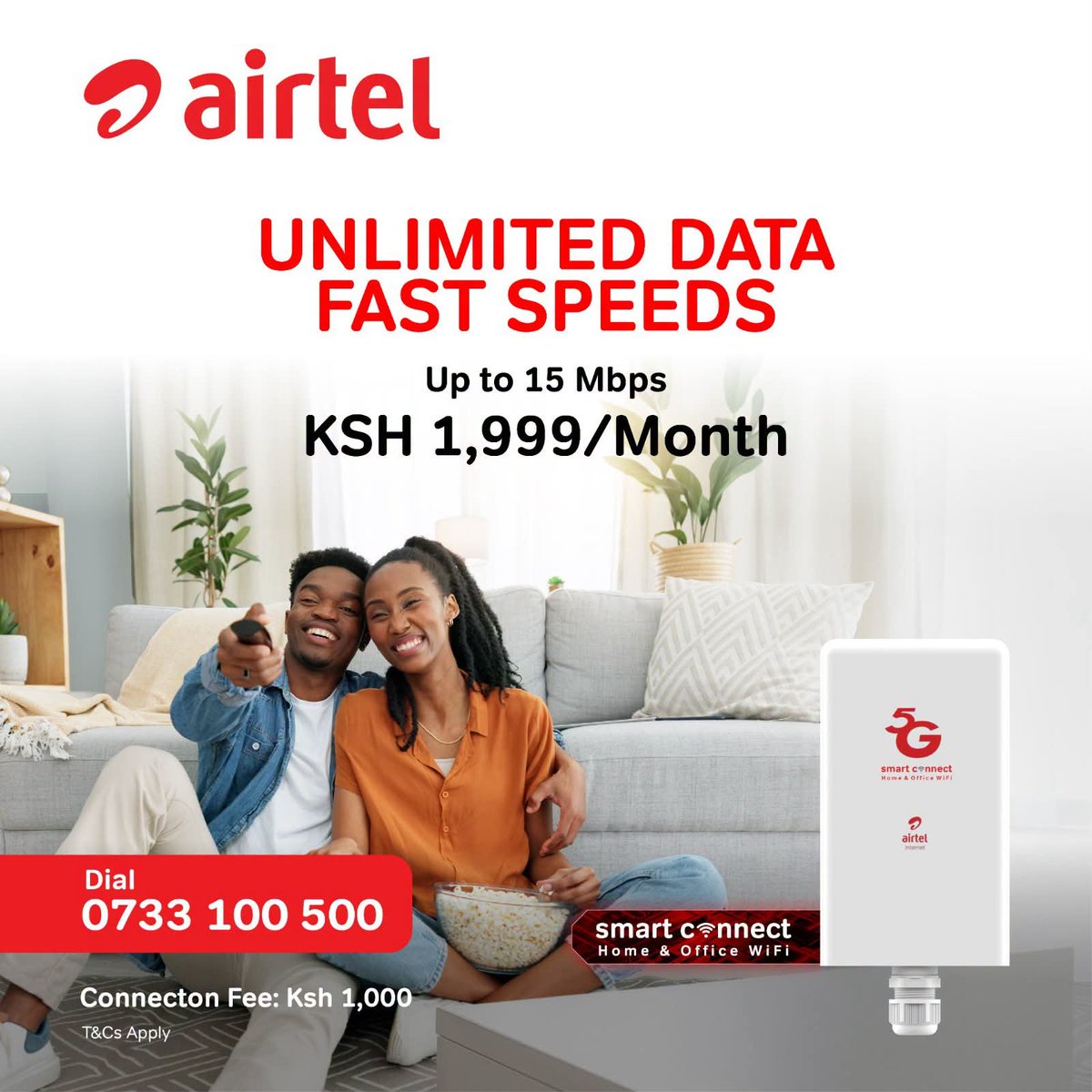AIRTEL_KE's tweet photo. Stream, work and stay connected without limits with Airtel 5G Smart Connect. 🚀

Enjoy unlimited data at speeds of up to 15 Mbps for only Ksh 1,999/month. https://t.co/TUmVM1LJ0u