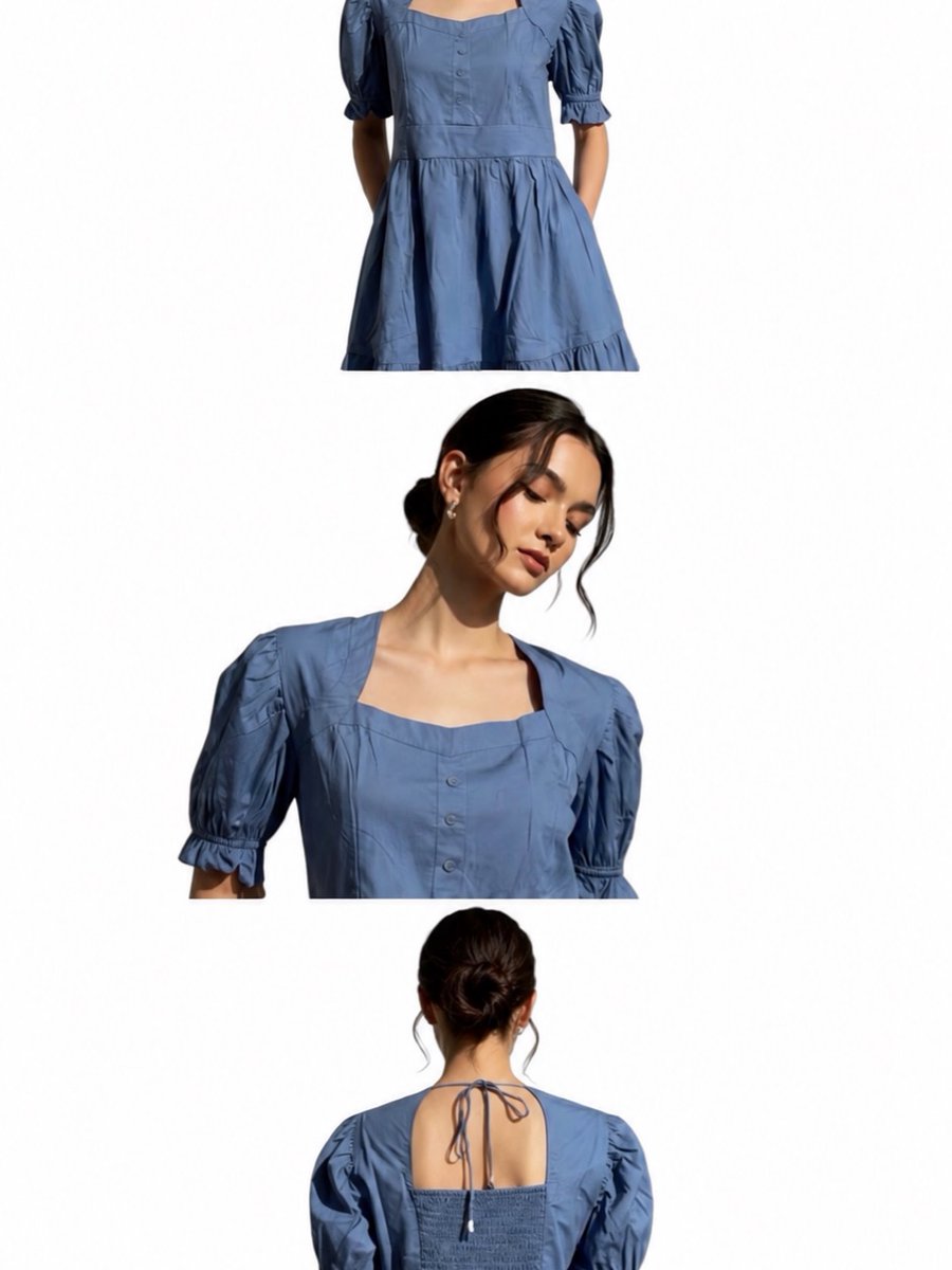 RaisaEcoffey's tweet photo. Dreamy blue tones with timeless elegance. A beautiful mini dress with puff sleeves, square neckline, button details, and a flattering fitted waist—perfect for brunch, vacations, parties, and everyday chic looks. https://t.co/YlAgXUcbaf