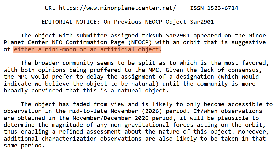 DobsonianPower's tweet photo. #sar2901 An unknown object estimated to  have "a few meters" diameter was just discovered by astronomer Krisztián Sárneczky at the Piszkéstető Observatory (K88) in Hungary. Initially categorized on the Near-Earth Object Confirmation Page (NEOCP), it immediately drew intense interest from astronomers because its trajectory matches that of a temporarily-captured object (TCO). MPC (Minor Planet Center) suggests it can be a mini-moon or an ARTIFICIAL OBJECT. In November it will get closer to the Earth and we might have more clues about what this object really is, or maybe we discover it's more than what they thought. Maybe a freaking spaceship will reveal itself. #space #uap #ufo