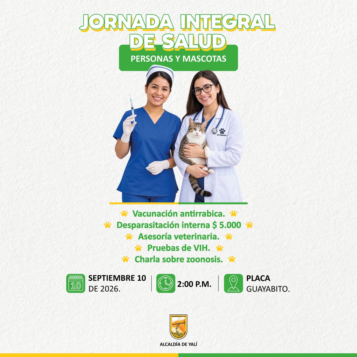 alcaldiadeyali's tweet photo. #Salud | Invitamos a la comunidad en general a participar de este importante espacio de salud y bienestar, dirigida a personas y mascotas.

✅ Tendremos varias actividades y servicios gratuitos para los asistentes.

#ConcienciaAnimal

💛💚🤍 https://t.co/CUvRzdW8D0
