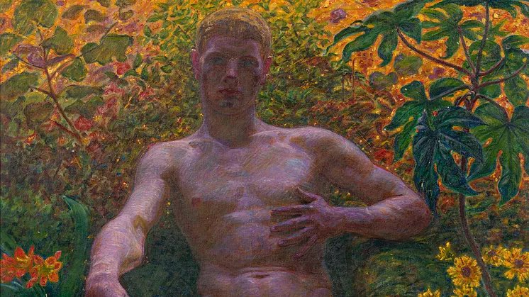 Gbaghazi's tweet photo. Adam i Paradiset (Adam in Paradise) by Kristian Zahrtmann, 1914 (Nationalmuseum, Stockholm).
#Adam is alone, nude, surrounded by flowers and tropical fruits. The museum curator explicitly noted that the painter gave him a #bored expression instead of the passionate attitude expected of a biblical Adam. The painting shocked contemporaries precisely for that reason: one senses a young man who is bored in a too-perfect paradise, rather than the first man in ecstasy.