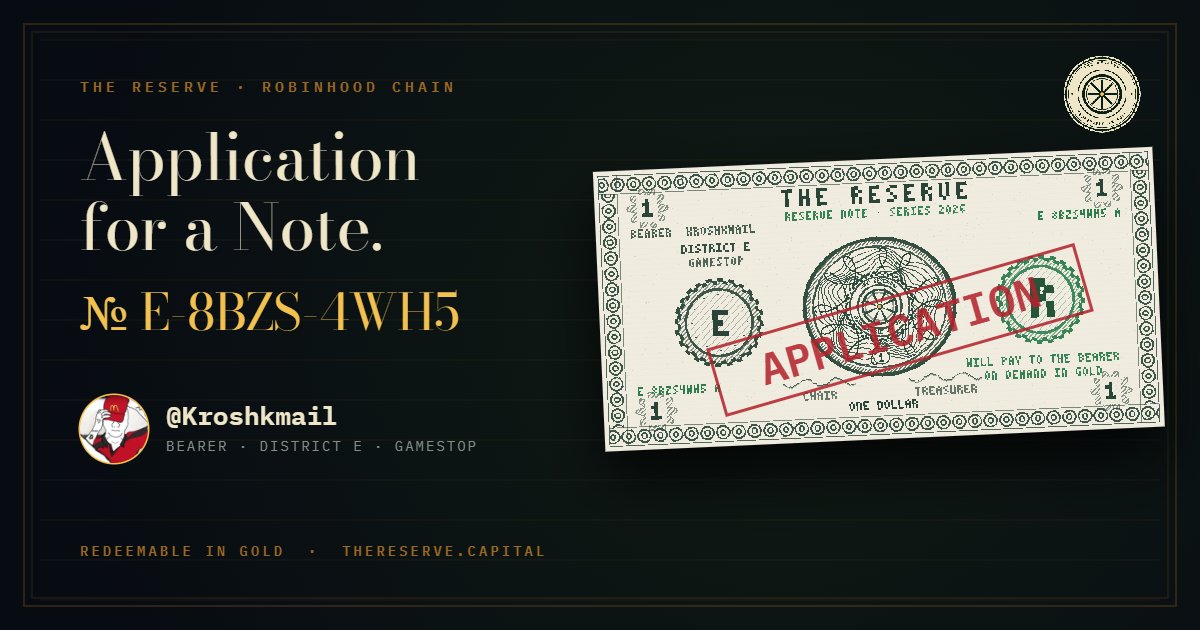 Kroshkmali's tweet photo. I applied for a Note at The Reserve. Application E-8BZS-4WH5. Redeemable in gold.
https://t.co/ONplfwjWcc https://t.co/IRkDrxAsoW