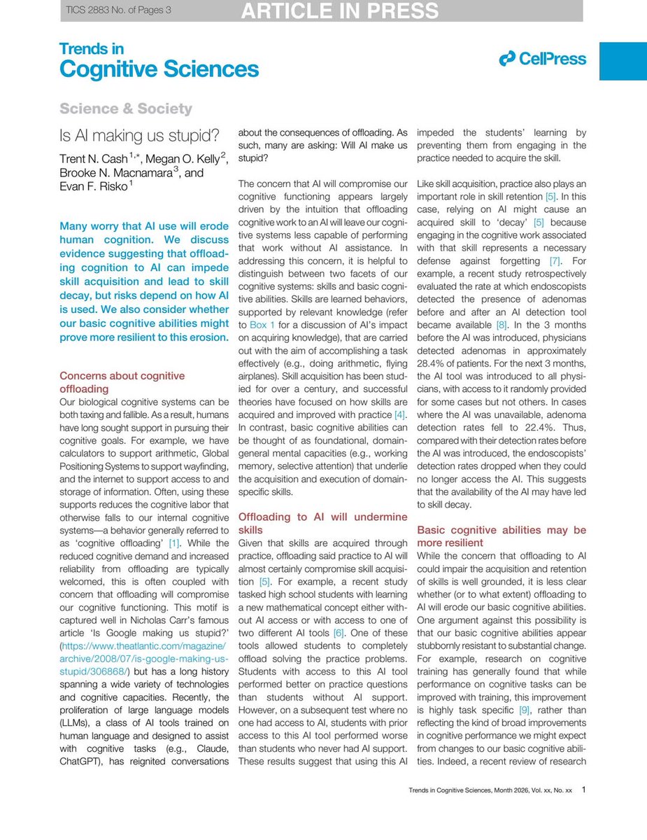 jayvanbavel's tweet photo. Is AI making us stupid?

Many people worry that AI use will erode human cognition. A new paper reviews evidence that offloading cognition to AI can impede skill acquisition and lead to skill decay.

However, this is not inevitable. It depends on how you use the technolog.

https://t.co/6ZbuTwQTVp