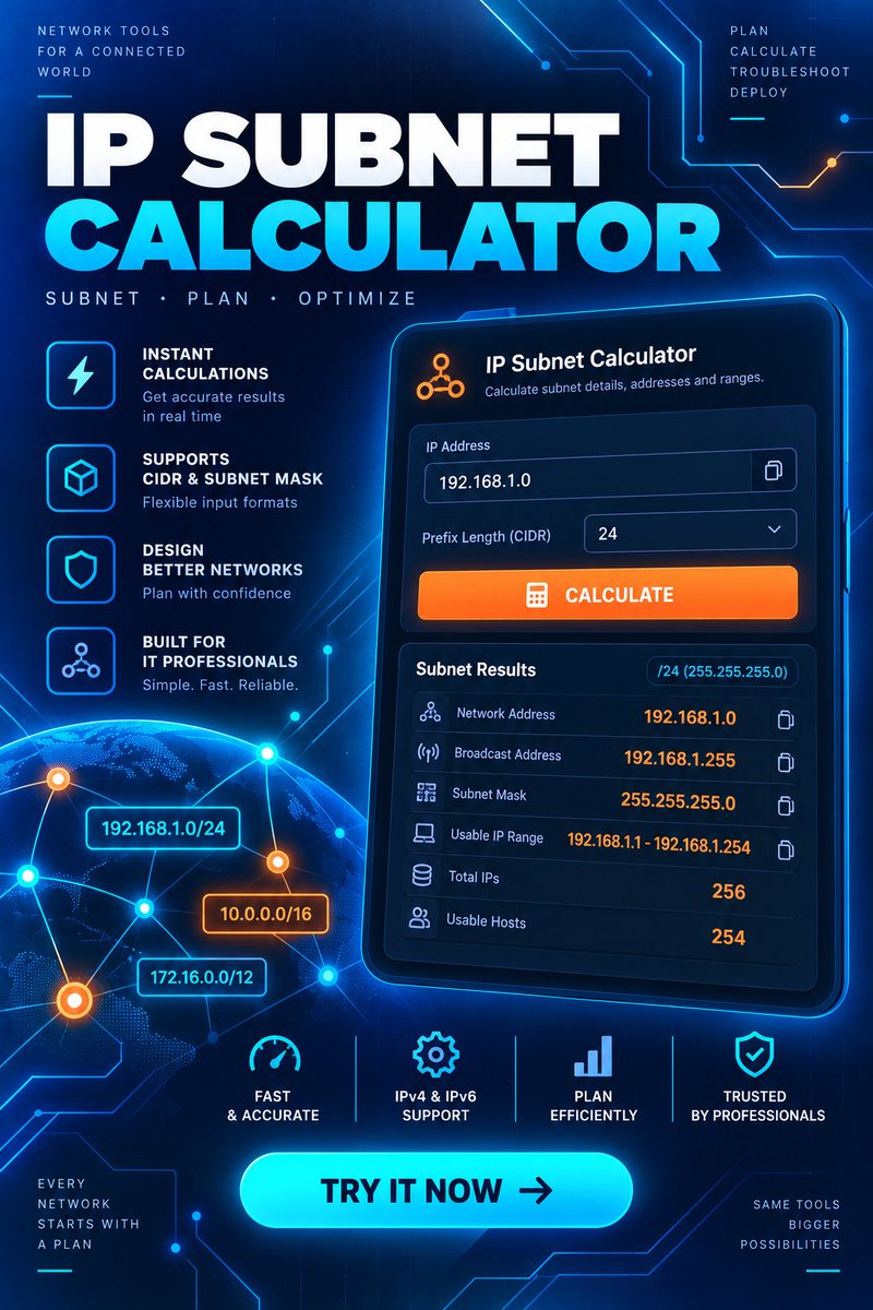 QuickHexCalc's tweet photo. Subnet mask, network range, host count — all instant. 🌐 Free → https://t.co/gX5oTXV9pd #networking #ccna https://t.co/CMjVcHIcqm