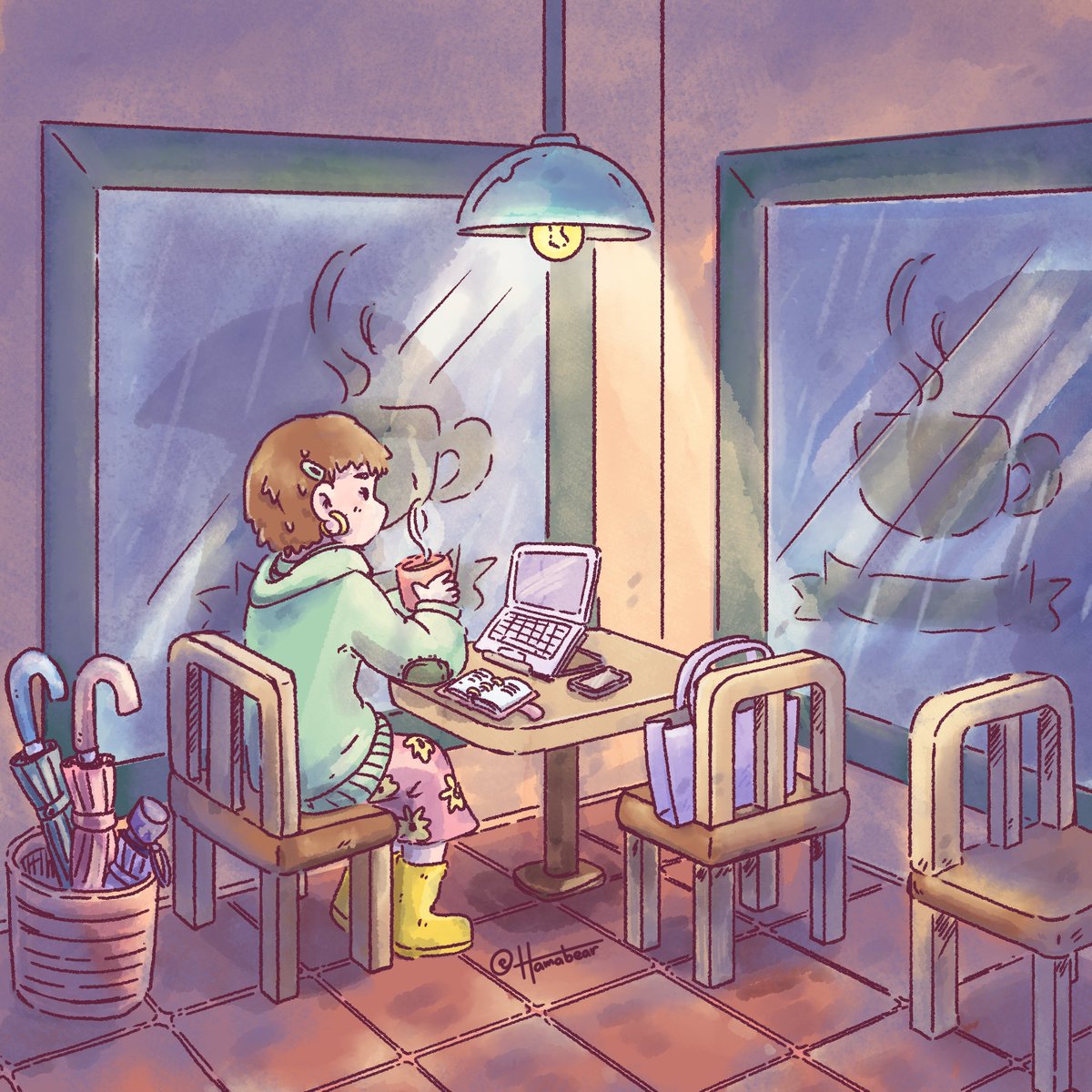 Humyay's tweet photo. ---------------------------
Title: A Stormy Cafe Day
---------------------------
Been raining a lot lately, and decided to make something with the vibes I'm feeling. Enjoy!~
Notes: The WIP of this was chaotic due to the perspective, and I really had trouble with the whole scene. https://t.co/bHyhf3FHCL