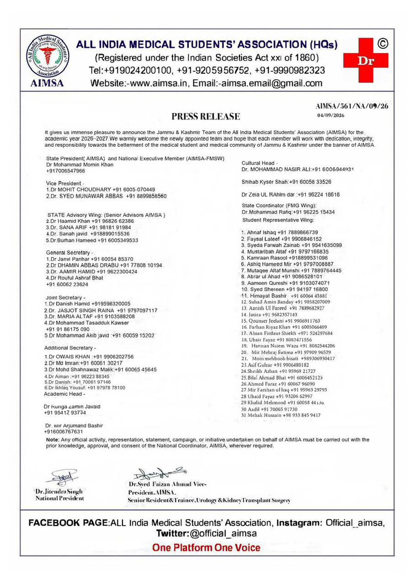 official_aimsa's tweet photo. We are pleased to announce the new AIMSA Jammu & Kashmir Team

Wishing the entire team the very best as they take on their responsibilities and work towards the welfare and rights of medical students, interns and doctors across J&K.
@ANI @ians_india  @PTI_News @aajtak @DrMohammadMomin @Farshanmir 
@AkibJavid5 @dr_tasadduk