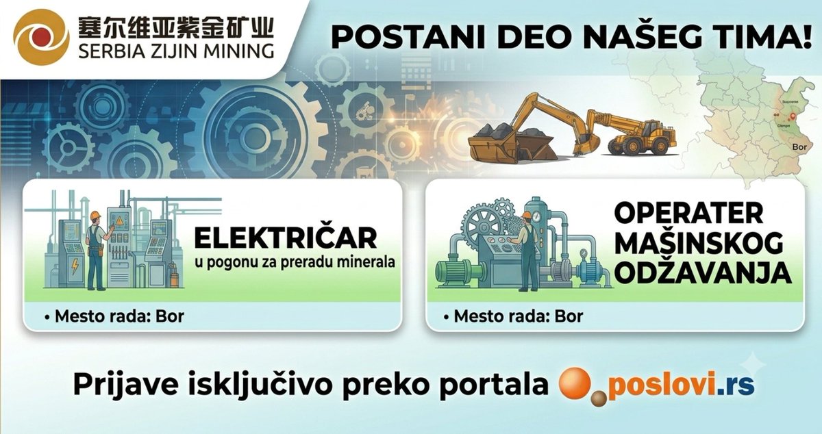 PosloviR's tweet photo. Serbia Zijin Mining d.o.o. Bor 📌

Električar u pogonu za preradu minerala (m/ž) ✅
Operater mašinskog održavanja u pogonu za preradu minerala (m/ž) ✅
Bor 📍

Više informacija o poziciji: https://t.co/UpudTTybuU https://t.co/pkb17cK6HJ