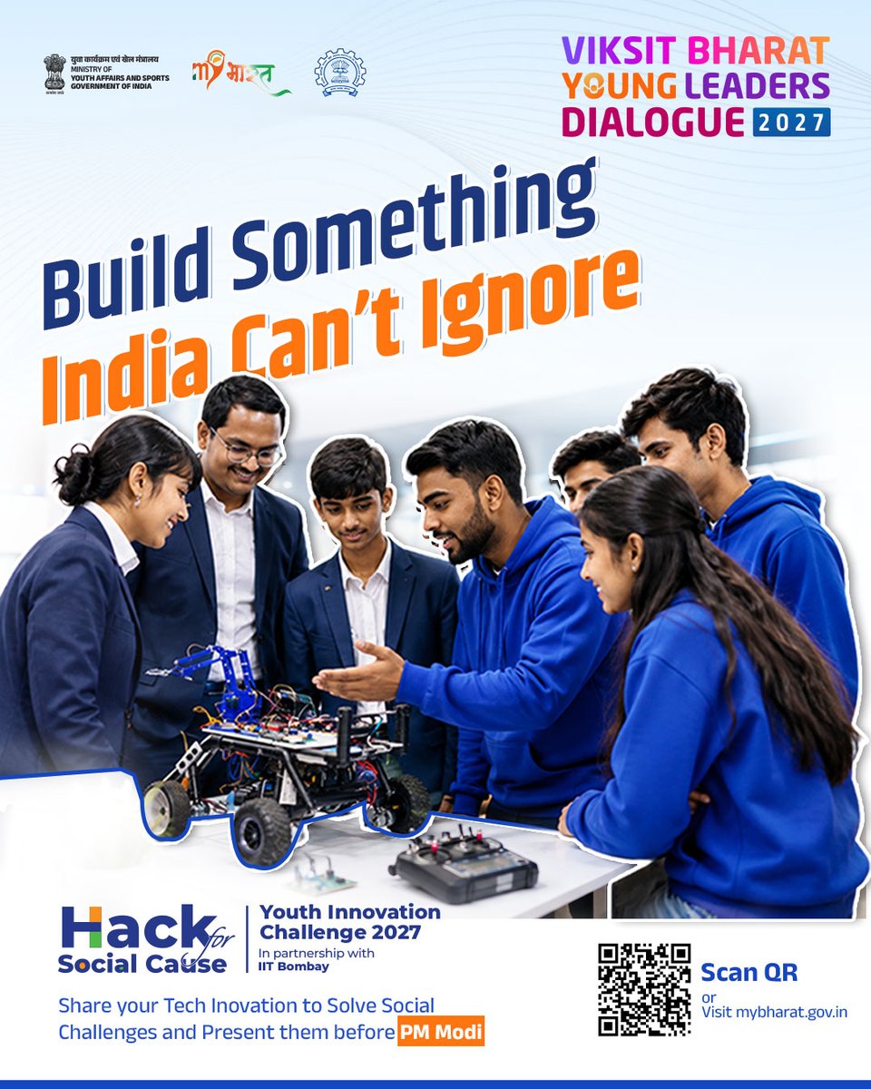 MYBharatHQ's tweet photo. Got a problem worth solving? Bring your best hack. 

Join Hack for Social Cause – VBYLD 2027 with IIT Bombay. Build tech solutions for real-world challenges and get a chance to present before Hon’ble PM Modi ji.

📲 https://t.co/JE9fHLVcUu
🗓️ 15 Oct 2026

#YoungLeadersDialogue https://t.co/yLd6RCnzAh