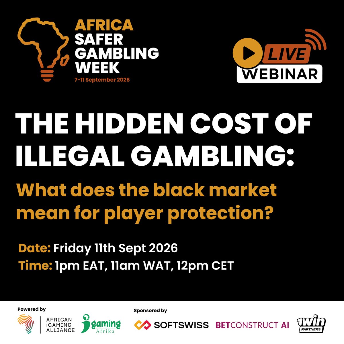 AfricaniGaming's tweet photo. 3 DAYS TO GO 🌍

Africa Safer Gambling Week starts Monday.

🎥 Join our continental webinar on Friday 11 September: “The Hidden Cost of Illegal Gambling: What Does the Black Market Mean for Player Protection?”

7-11 Sept | #PlaySafeAfrica https://t.co/gV1GbOUniH