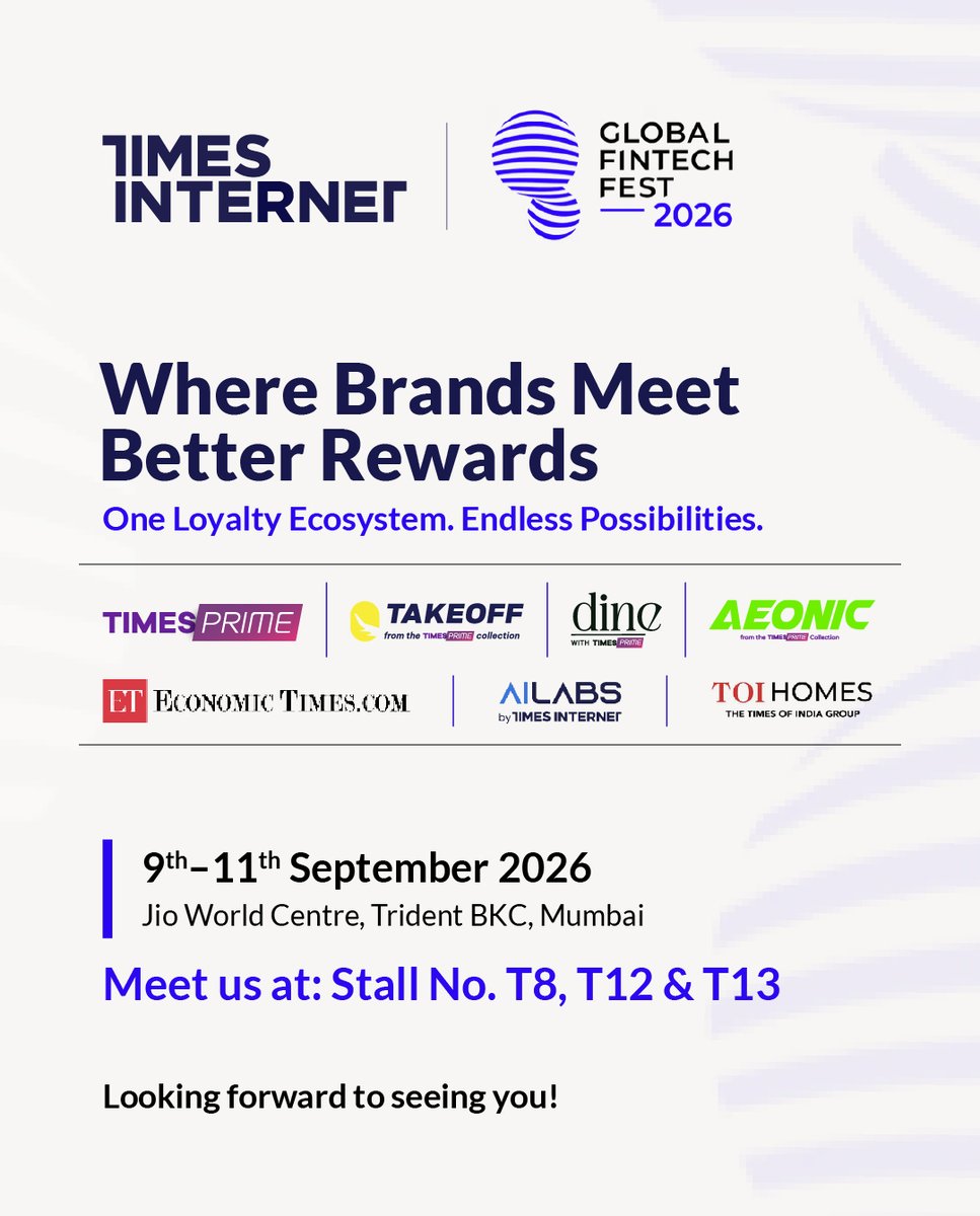 TimesInternet's tweet photo. Write a social media caption

🚀 Where Brands Meet Better Rewards!

We’re excited to be at Global Fintech Fest 2026, bringing together our loyalty ecosystem and a world of possibilities across Times Prime, Takeoff, dine, Aeonic, Economic Times, AILABS and TOI Homes.

📍 Jio World Centre, Trident BKC, Mumbai
📅 9–11 September 2026
📌 Meet us at Stalls T8, T12 & T13

Come say hello and discover how brands can build smarter loyalty, stronger engagement and better rewards.

#GlobalFintechFest2026 #GFF2026 #TimesInternet #Loyalty #Fintech #CustomerEngagement #Rewards #Mumbai