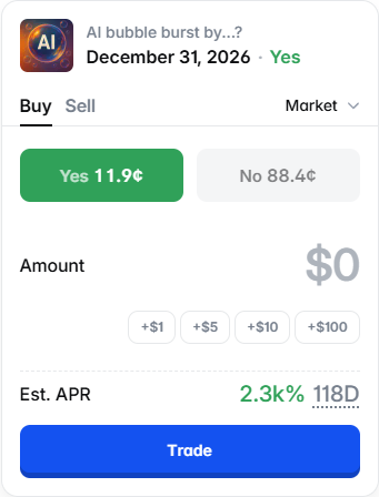 polymarketAPR's tweet photo. @Polymarket ~2.3k% APR at 11.9¢ if YES resolves on Jan 1, 2027. https://t.co/qV8dDtJ8eu