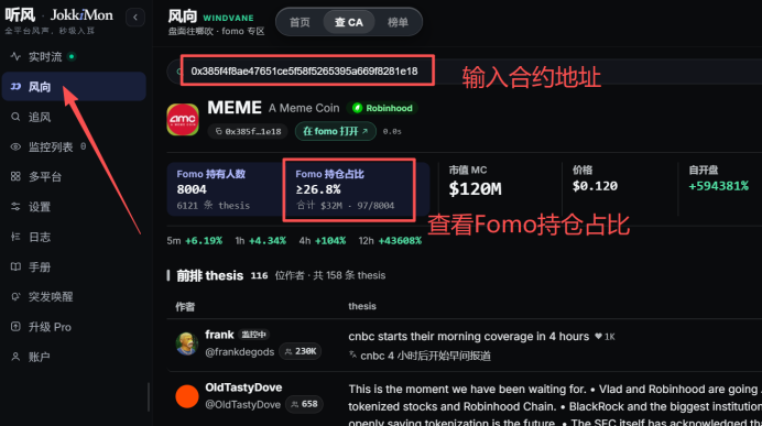 NFTCPS's tweet photo. 在Robinhood链上闷声赚100倍的人，都盯死了这2个人和3个工具，你还在瞎买？

先说个刚发生的事，今天有人玩 $MEME，1400美元，10个小时干到140万，1000倍。不是我吹，就这么离谱。

导火索是AMC那个CEO跳出来骂Robinhood，说人家没经过允许就把AMC给代币化了。结果呢？有交易员直接对着干，搞了个针对AMC代币化股票的MEME，12个小时市值从15万冲到1个亿。

想上车，这几个人和工具你得先摸清楚：

1️⃣ Robinhood创始人 @vladtenev
这波风就是围着他刮起来的，他一动，链上就有人跟着发财。盯紧他没错。

2️⃣ fomo车头，收益榜NO.1 @theunipcs
64岁的钻石手，Robinhood这边的带头大哥。Robinhood上不少百倍千倍币，都是他先喊起来的。这种人不关注，你关注谁？

3️⃣ fomo APP
这几天最火的meme交易终端。我的建议很简单，把fomo收益榜上的人全关注一遍，跟着他们买，别自己瞎猜。
🔗 https://t.co/nhi5bQKFn0

4️⃣ gmgn
专业P小将都在用的家伙，也是Robinhood交易量最大的平台，工具在手心里不慌。
🔗 https://t.co/9z4MT8qLtn

5️⃣ 这个查持仓的工具
输入CA地址，就能看这个币的fomo持仓占比。fomo上的车头跟别的平台不一样，大多是老外钻石手，不是那��一涨就跑的。要是某个代币fomo用户持仓占比够高，筛大金狗真的太顶了。
🔗 https://t.co/oT0nqJQvrw

筛币记住两个死条件，别乱来：

✅ 只看市值200K到500K的盘子。为啥卡这个区间？因为它被市场验证过，洗过一轮盘也不会说归零就归零。

✅ fomo钱包持仓占比15%以上，看到就干，别磨叽。

机会天天有，能不能接住看你自己。