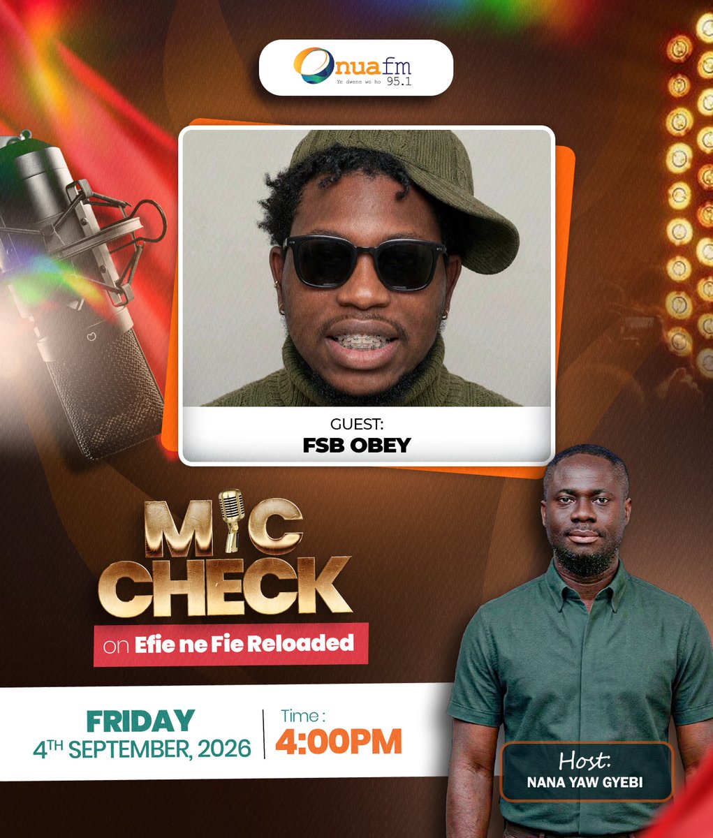 onua951fm's tweet photo. Join Nana Yaw Gyebi on Efie Ne Fie as he welcomes guest musicians Kobby Jumbo and FSB Obey for an exciting musical experience filled with great performances, good vibes and amazing music! ๐ถ๐ฅ
#MicCheck #EfieNeFie #OnuaFM https://t.co/FF8JspsOph