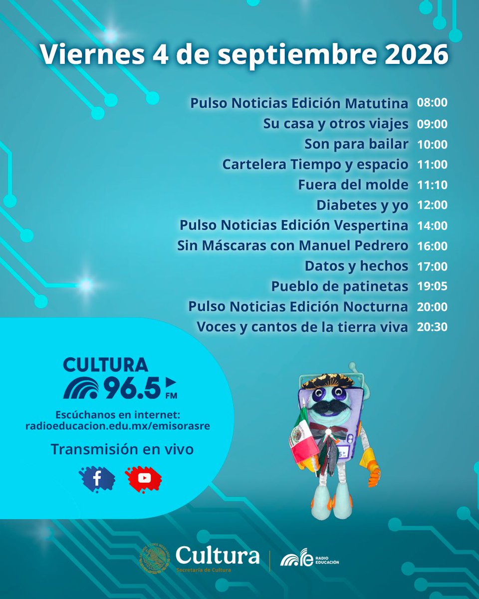 RadioEducacion's tweet photo. 🎙️ Este #Viernes disfruta una jornada llena de información, música y cultura en #RadioEducación 📻

🎧 Acompáñanos en #PulsoNoticias 📰 muévete con #SonParaBailar 💃 cuídate con #DiabetesYYo 🩺 descubre #DatosYHechos 📊  ¡y mucho más!

📻 #Cultura965FM
💻 https://t.co/EfezqFGaJK https://t.co/7Cgnzicqis