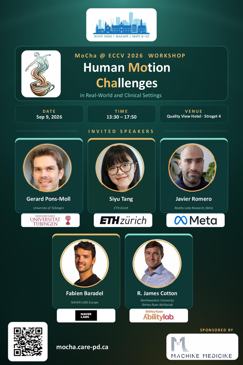 MoChaECCV's tweet photo. 🎉 Just 5 days to go until the MoCha Workshop at #ECCV2026!

We’re looking forward to a day of invited talks, research presentations, and discussions on human motion in real-world and clinical settings.

Check out the full schedule at the link below 
@eccvconf
https://t.co/xiO1TJodLR
