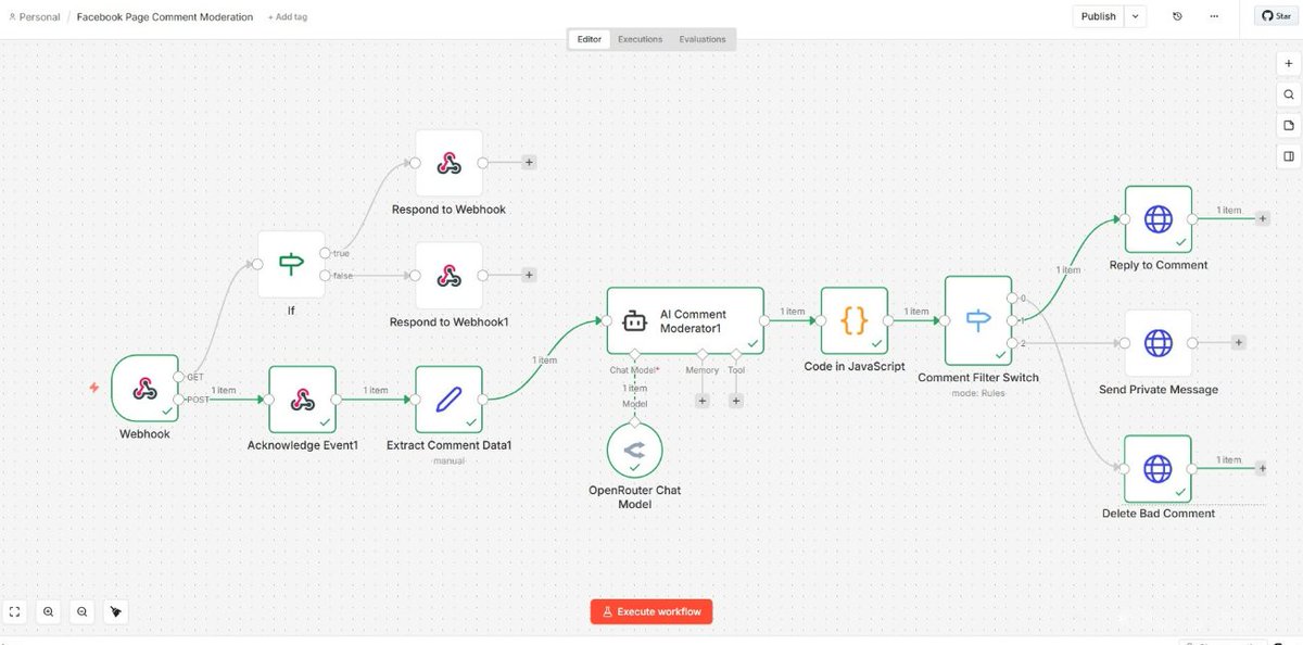 Shojib2791's tweet photo. 🤖 Built an AI-powered Facebook Comment Moderation system with n8n + OpenRouter AI.

Spam detection, auto-replies, customer DMs &amp; comment removal — all automated. ⚡

#n8n #AIAutomation #FacebookAutomation #AI https://t.co/NmC3DDzd9v
