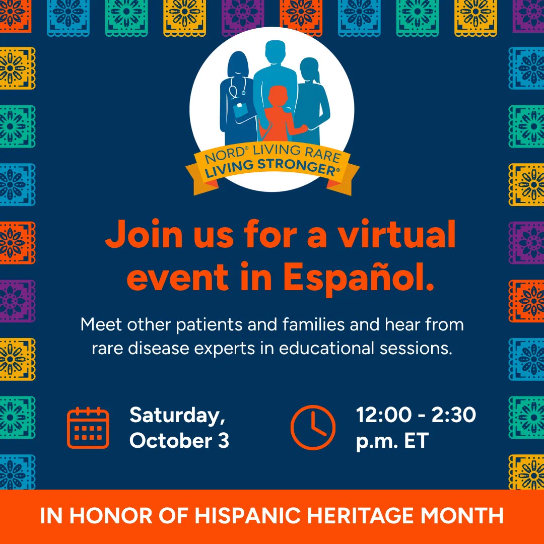 This image is an invitation for a virtual event by NORD Living Rare, celebrating Hispanic Heritage Month. It features colorful patterns on the border, icons of a calendar and clock, and states the event details: Saturday, October 3, from 12:00 to 2:30 p.m. ET.