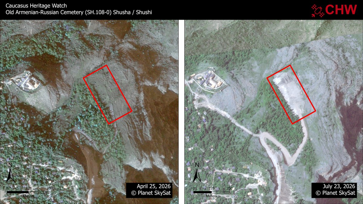 CaucasusHW's tweet photo. BREAKING: CHW has documented the destruction of Shusha's Old Armenian-Russian Cemetery from May 9-14, 2026.

Full investigation: https://t.co/EyWHrpYcip

The cemetery contained medieval Armenian khachkars and 19th century Armenian and Russian tombstones spanning 1810-1871. 🧵1/5 https://t.co/zc0FTMYjsP