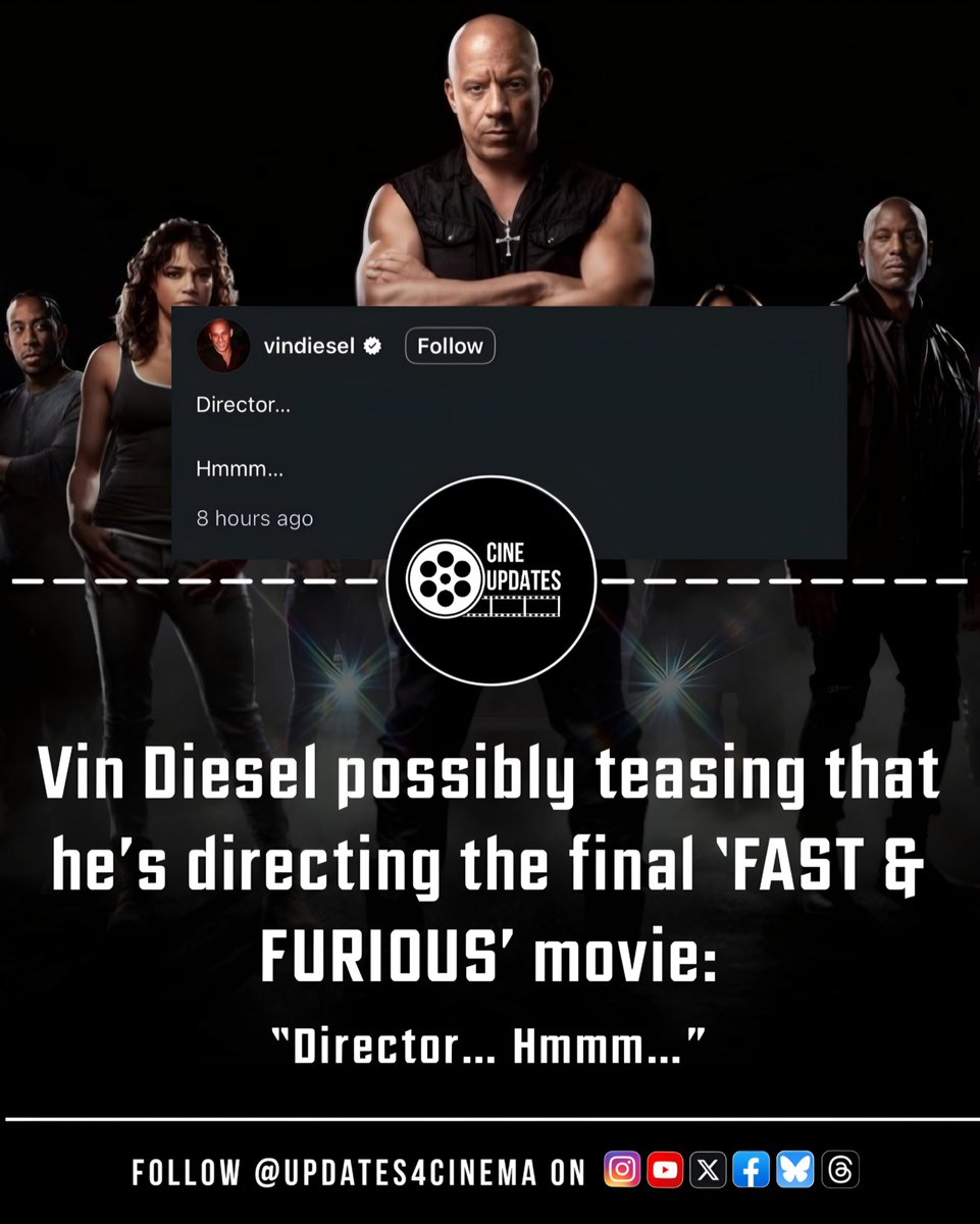 Updates4Cinema's tweet photo. Vin Diesel may be teasing that he’s directing the final ‘FAST &amp; FURIOUS’ movie, ‘FAST FOREVER’.

“Director… Hmmm…”

#FastForever #FastAndFurious #VinDiesel https://t.co/PTN44rl5nq