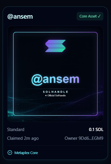 Solhandle's tweet photo. @ansem is gone.
Claimed for just 0.10 SOL.
We intentionally kept pricing low so early users could secure strong identities without expensive entry barriers.
Own it once. Keep it until you transfer it.
Your @ on Solana.
https://t.co/EysaFArSLq
#Solana #SolHandle #NFTUtility https://t.co/qNug26buES