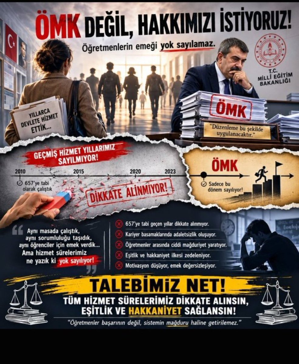 nac_servet52079's tweet photo. @PrfDrFilizKilic Öğretmenlik Meslek Kanunu'nda 657 sayılı Devlet Memurları Kanunu'na tabi olarak öğretmenlik öncesinde geçen hizmet sürelerinin dikkate alınmaması yıllarca kamu hizmetinde bulunan personelin emeğinin yok sayılması sonucunu doğurmaktadır.@EgitimBirSen 
@tcmeb @Yusuf__Tekin @Akparti https://t.co/cieAnQH37Y