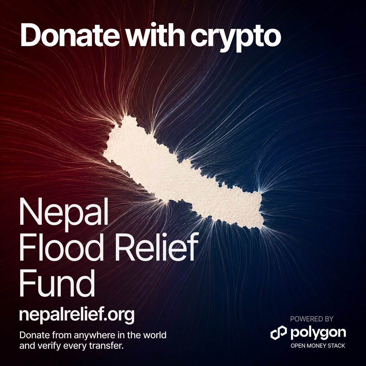 0xPolygon's tweet photo. You can now donate crypto to Nepal’s official Disaster Relief Fund.

100% to flood relief, all verified onchain: https://t.co/EoTfGFmTuX

Powered by Polygon OMS to accept any supported token, on any chain. https://t.co/P76WW8jvEj