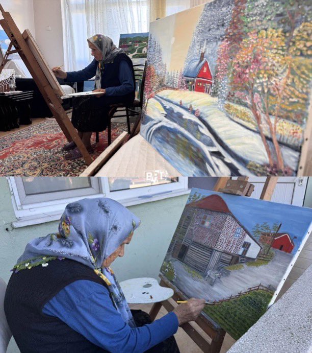 HVMHaber's tweet photo. Zonguldak’ta 81 yaşındaki Şahinde teyze, televizyonda izlediği Bob Ross’tan etkilenerek ressam oldu.

🔸Şahinde teyze, 22 yıldır doğa ve manzara resimleri çiziyor. https://t.co/xM8m25ZsTN
