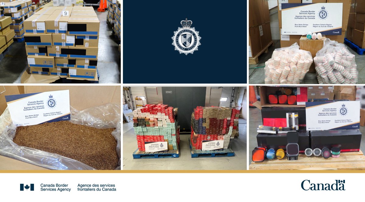 CanBorder's tweet photo. In August, #CBSA officers at #SouthernOntario land ports of entry seized more than $13.8M in tobacco and nicotine products, helping keep illegal goods and criminal profits out of Canada. Read more: https://t.co/eDxzDeb3jK https://t.co/c3VIqc7RTC