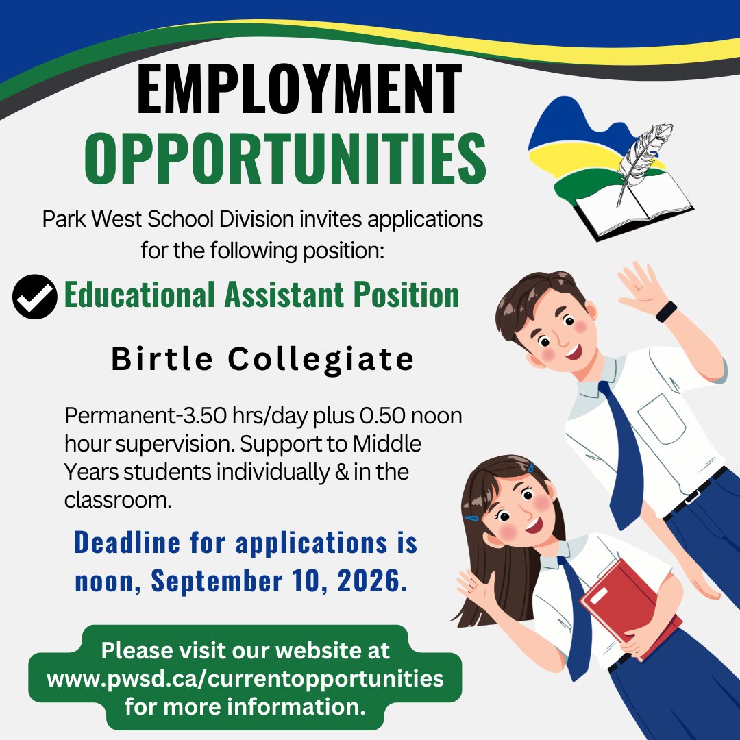 ParkWestSD's tweet photo. ⏰ There’s still time to apply.

Only a few hours remain to apply for the permanent Educational Assistant position supporting Middle Years students at Birtle Collegiate.

📅 Applications close today at noon.

🌐 https://t.co/hZlfhYZTNM https://t.co/lsWDlSdNOb
