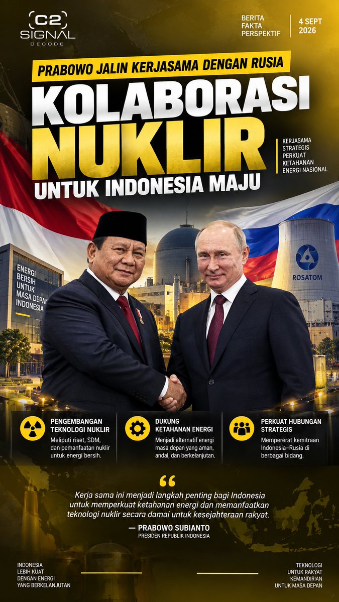 signal__decode's tweet photo. Indonesia dan Rusia dorong kerja sama nuklir untuk memperkuat ketahanan energi nasional.
Langkah strategis menuju energi bersih dan masa depan Indonesia yang lebih mandiri. 

#signaldecode #pidatoprabowo #prabowo #viral #fyp https://t.co/izJT158r3Q