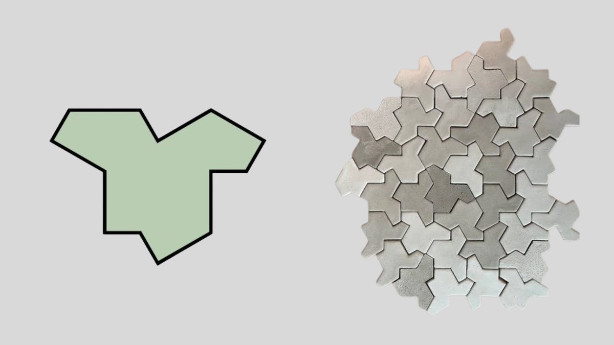 Math_files's tweet photo. In 2023, a long-standing problem in mathematics was solved with the discovery of the “hat” tile, an aperiodic monotile.

The 13-sided shape can cover an infinite plane completely, with no gaps or overlaps, using copies of just this one shape. However, the resulting pattern can never become periodic—it does not repeat in a regular pattern.

The shape was discovered by David Smith, a retired print technician and tiling enthusiast from Yorkshire, England. He then worked with mathematicians Joseph Samuel Myers, Craig S. Kaplan, and Chaim Goodman-Strauss to prove its properties.

The term “einstein” comes from the German ein Stein, meaning “one stone,” and has nothing to do with Albert Einstein.

The discovery solved a problem mathematicians had studied for decades: whether a single shape could tile the plane only in a non-repeating way.