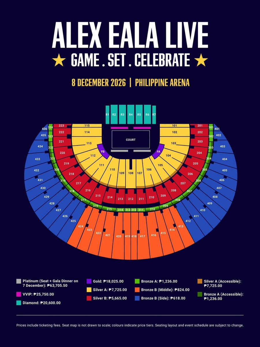 philconcerts's tweet photo. Ticket prices range from P1,236 to P63,705 for Alex Eala Live: Game. Set. Celebrate.

December 8, 2026
Philippine Arena

Presale - September 7–13, 11:59 PM.

General sale- September 14 via Ticketworld. https://t.co/6wgKShxpu1