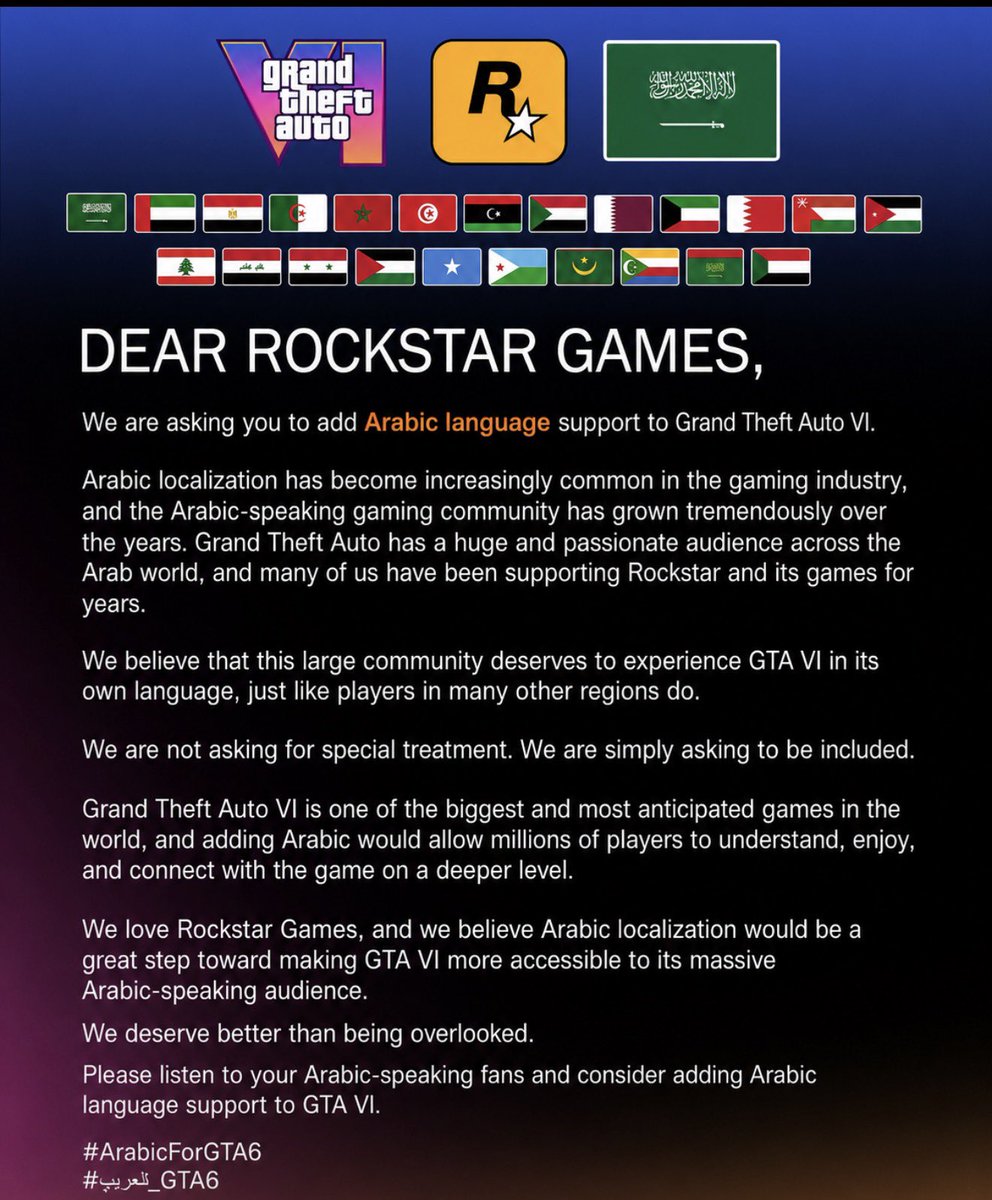 Sivnih's tweet photo. @RockstarGames #ArabicForGTA6
Hello @RockstarGames,
We ask you to consider Arabic subtitles and interface support in GTA VI. The Arabic gaming community is large passionate, and has waited years to experience GTA in its own language
Arabic isn't just a translation. It's part of the experience. https://t.co/ujMcWaBmd7