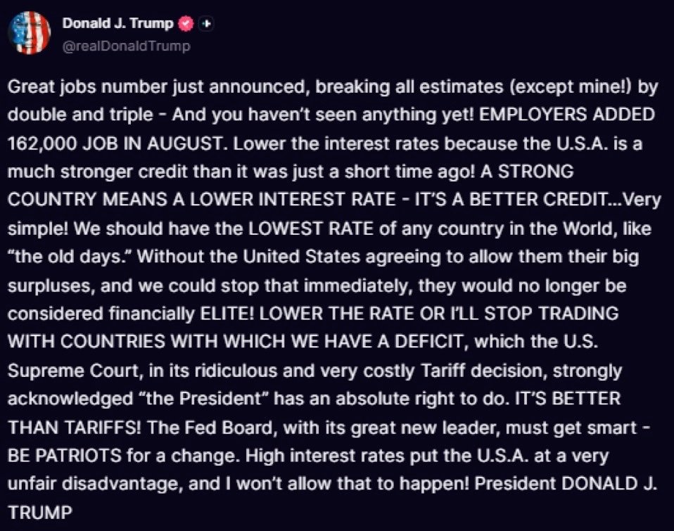 yuwonowhy's tweet photo. AS Usual, Trump, Different Perspectives😎

Trump calls on Fed to cut interest rates after August jobs report nearly triples expectations.

Trump  threatens to "stop trading with countries with which we have a deficit" if Fed does not cut rates.

Fed "must get smart," Trump says. https://t.co/XF3jx4K0LK