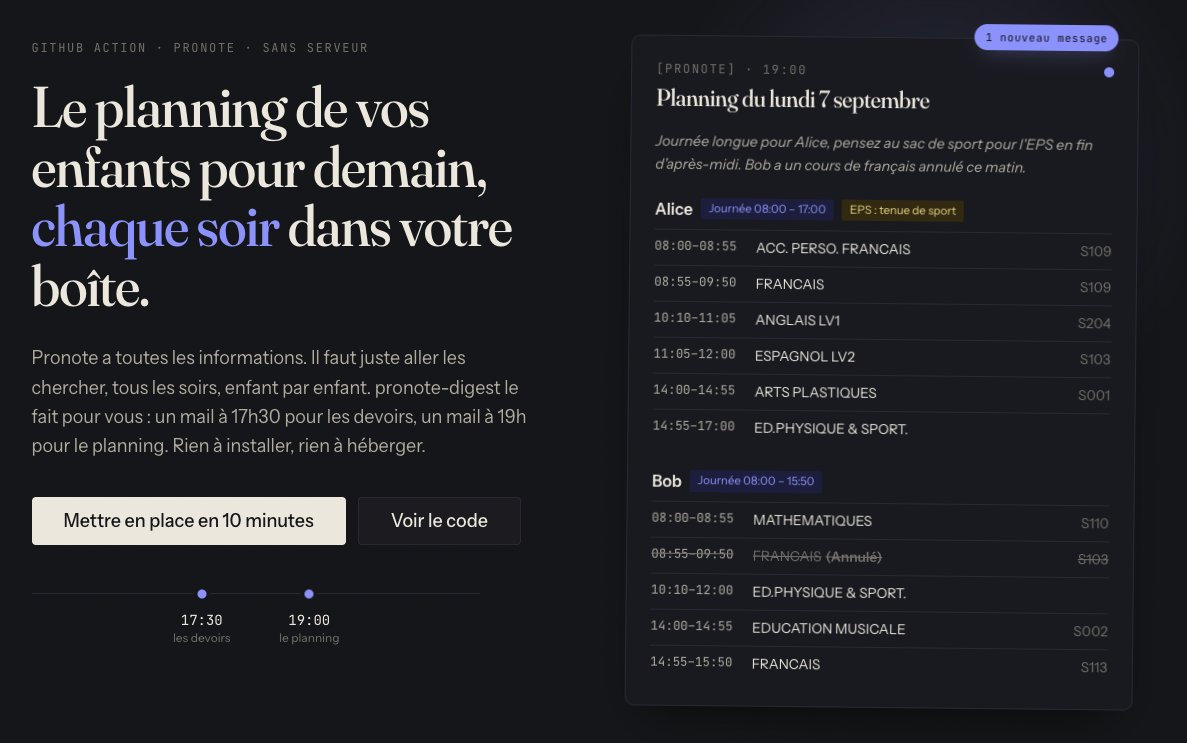 yOyO38's tweet photo. Le planning de vos enfants pour demain, chaque soir dans votre boîte.

Une GitHub Action qui lit Pronote à votre place. Dix minutes à installer, rien à héberger, open source.

https://t.co/CwWpYT78VB https://t.co/s1L9F7D2v5