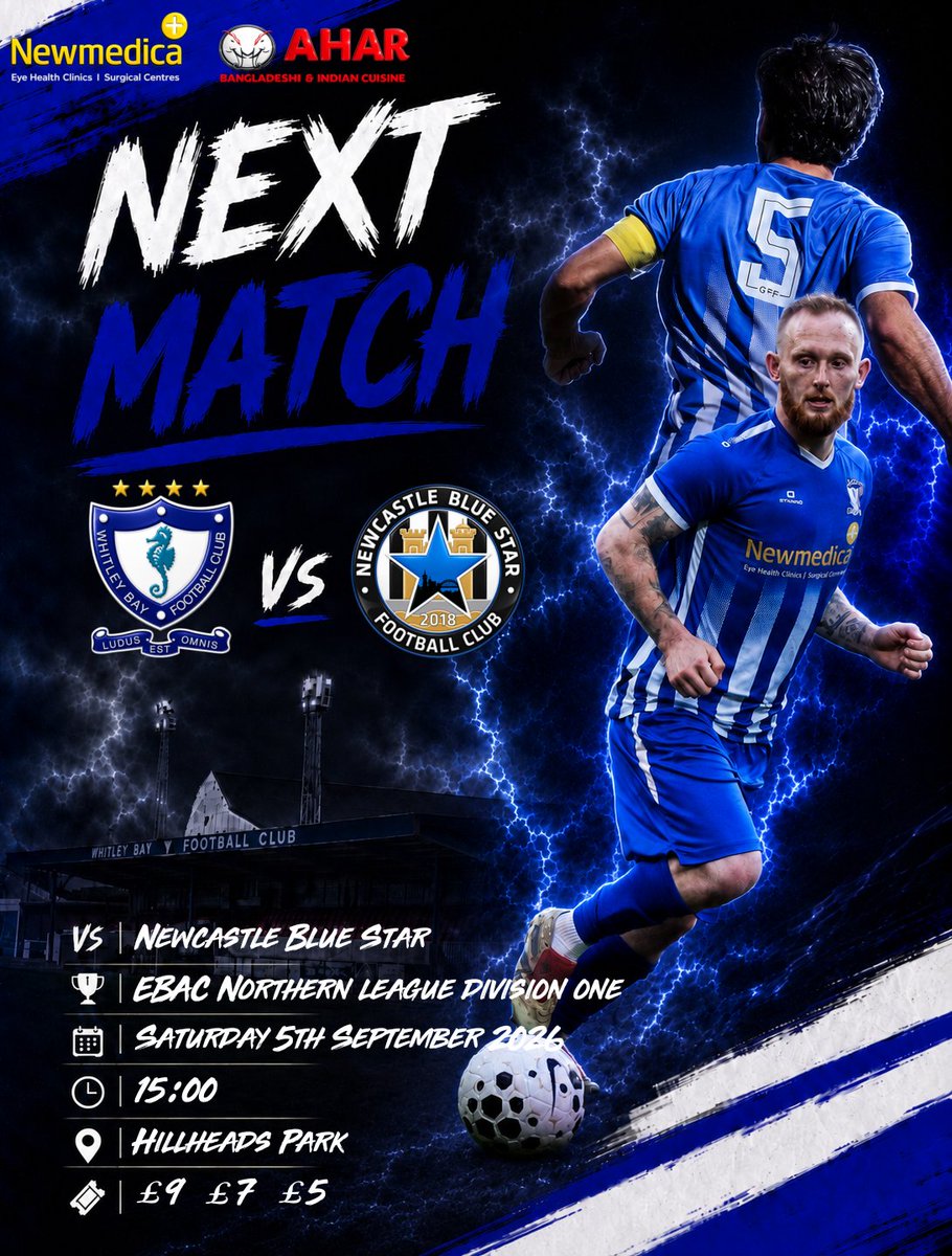 WhitleyBayFC's tweet photo. 𝗧𝗢𝗠𝗢𝗥𝗥𝗢𝗪 | Bay will be looking to pick up from where they left off on Tuesday, tomorrow. We welcome @nbsfc2018 to Hillheads in the Ebac Northern League.
Let's get behind the lads from the off!

🔵⚪🔵⚪🔵⚪

🤝 Match Sponsor Newmedica Newcastle

🚪 Seahorse opens @ 12pm
🆚 Newcastle Blue Star
🏆 EBAC Northern league division one 
🗓️ Saturday 5th September 2026
🕒 3:00pm
📍 Hillheads Park
🎟️ Adults £9 / Concessions £7 / U16s £5

#HowayTheBay