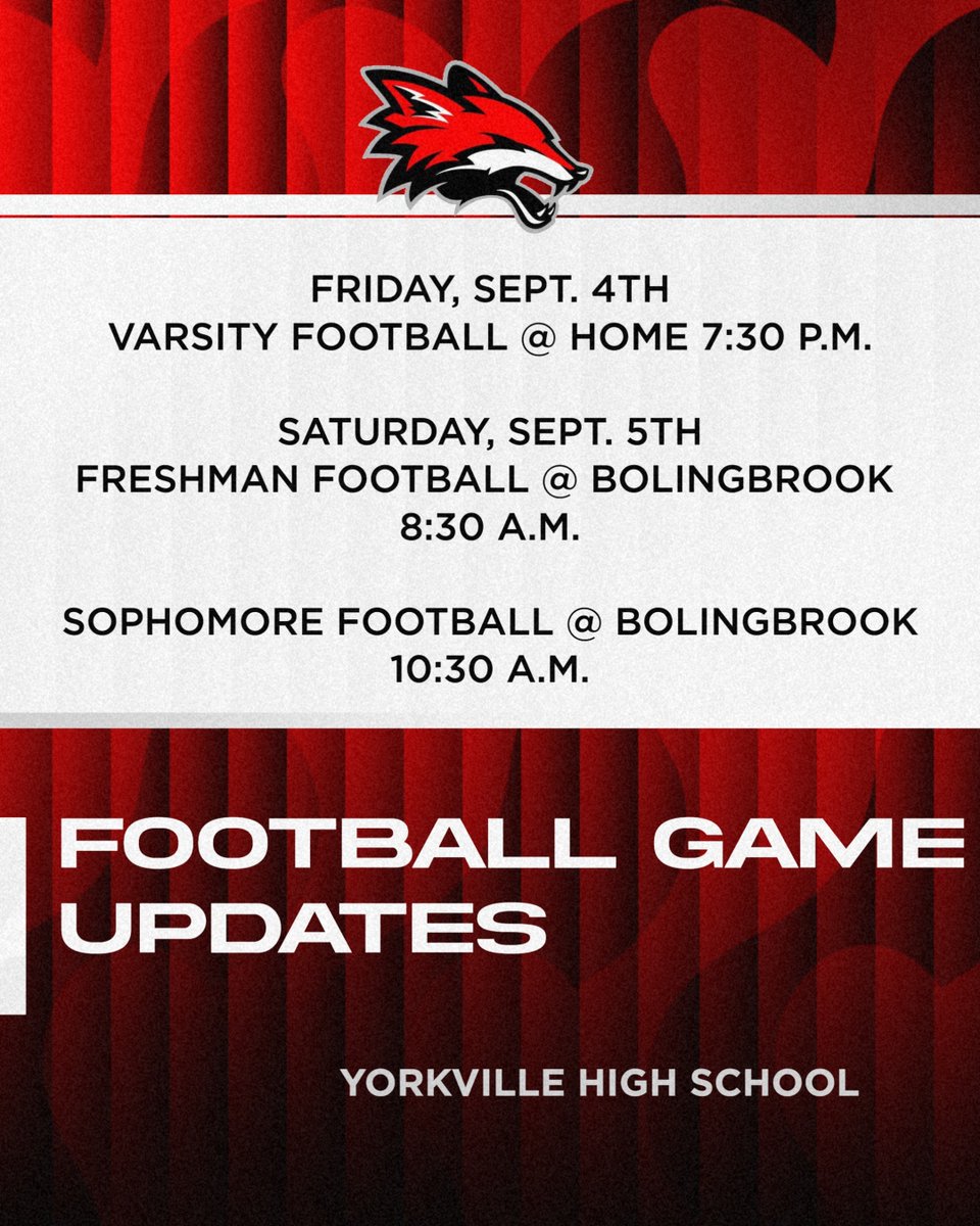 YHSAthletics115's tweet photo. As a result of the @IHSA_IL Heat Policy, the following adjustments have been made to our scheduled football games:

Friday, Sept. 4th
7:30 p.m. Varsity @ Yorkville H.S.
*Gates will open @ 6pm

Saturday, Sept. 5th
8:30 a.m. Freshman @ Bolingbrook
10:30 a.m. Sophomore @ Bolingbrook https://t.co/rLduBtIEUk