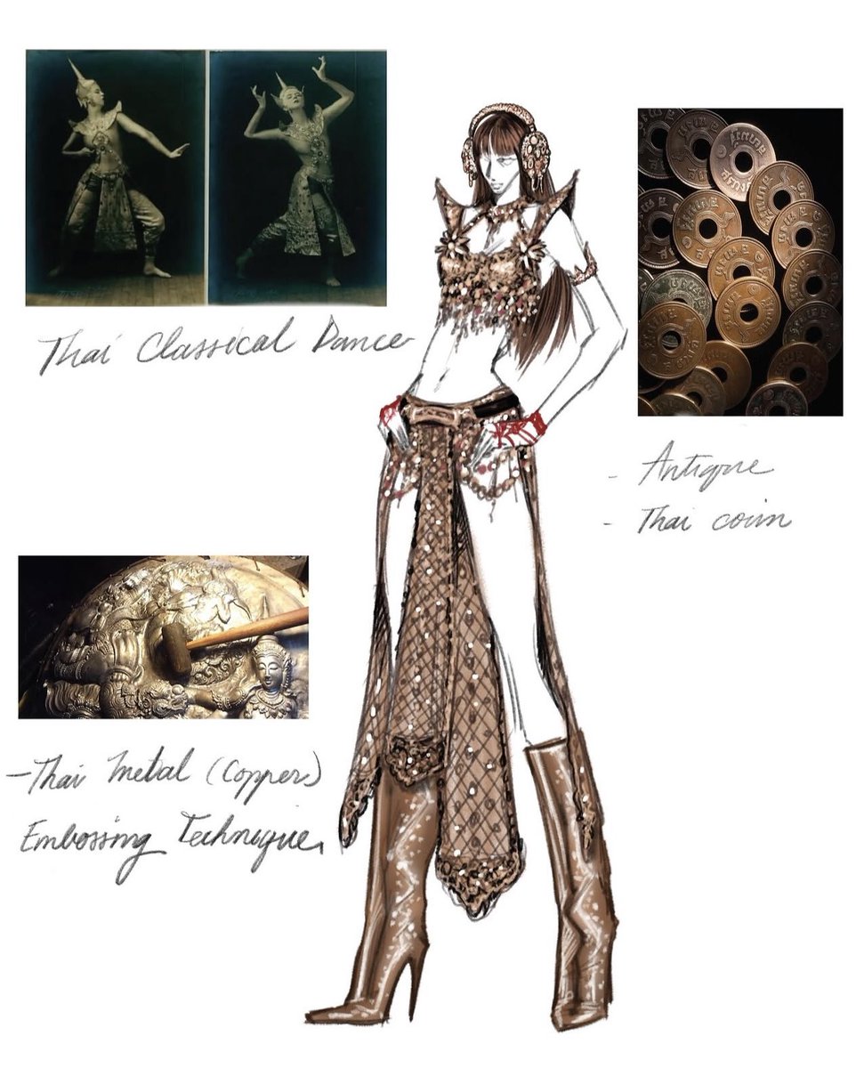 lalisamgger's tweet photo. A tribute to Thai dancers and traditional craftsmanship, this look reinterprets antique coins, heritage tailoring, and Thai artisanal techniques through a contemporary lens. The copper tone bridges past and present, honoring Thai heritage while bringing it into a modern context. https://t.co/EDlFwBHyOX